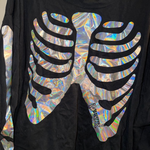 PINK Victoria's Secret Black Long Sleeve Tee with Silver Skeleton Design - Picture 2 of 5